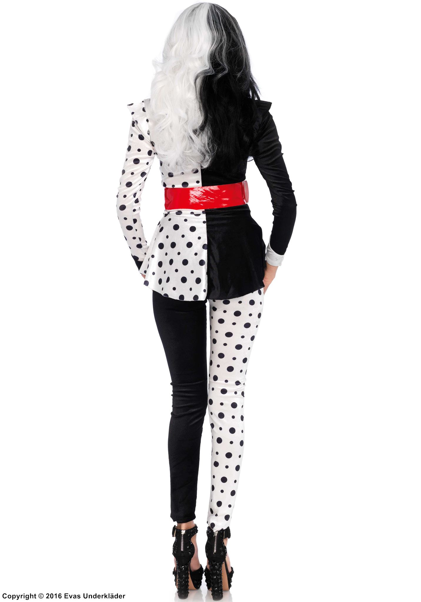 Cruella de Vil, kostymetopp og -bukser, fuskepels, polka dot-prikker
